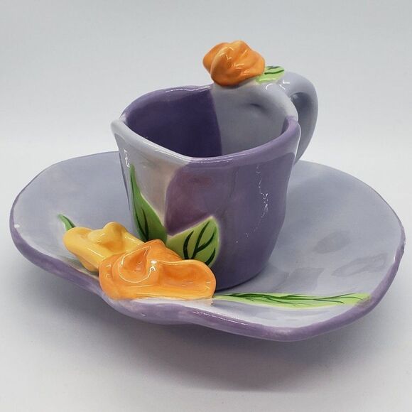 Bella Casa by Ganz Signed Susan Paley Purple Orange Flower Ceramic Cup & Saucer - Picture 13 of 13